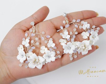 Swarovski Ceramic White Flower Sparkling Crystal Long Bridal Jewelry Crystal Bridal Earrings Statement Earrings Cz