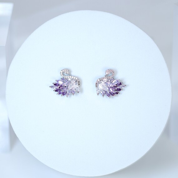 Cubic Zirconia Diamond Purple Swan Stud Earrings, Bridal