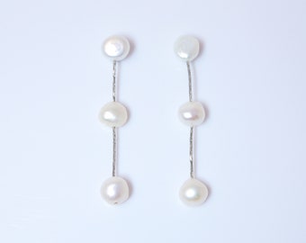 Sterling Silver 3 Freshwater Cultured pearl Bezel Earrings, Long Bridal Jewelry, Pearl Bridal Earrings, Statement Earrings.