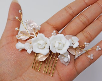 Baroque Style Ceramic White flower Bridal Earring & Hair piece, Bridal Hair Accessories, Wedding Hair Accessory.