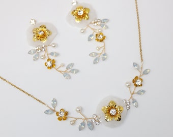 Swarovski Gold Opal Flower Crystal Necklace set , Long Bridal Jewelry Crystal Necklace Bridal Earrings Statement Earrings