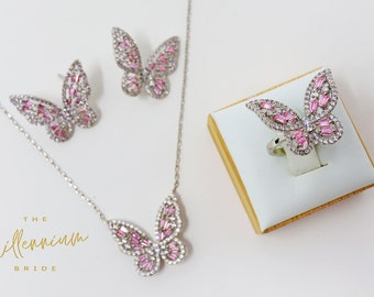 CZ pink Butterfly Necklace,Earrings And Ring Set, Swarovski Crystal Earrings, Statement Earrings, Rhinestones Hoop Earrings.