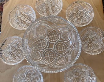 Conjunto completo de fruteiras Heisey Fancy Loop nº 1205 em vidro prensado | Tigela principal de 20 cm de diâmetro + 7 potes individuais | Padrão EAPG do início de 1896