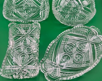 Lote de 4 pequenos recipientes vintage Heisey Fancy Loop nº 1205 em vidro prensado | Retangulares, com alça e individuais para nozes/sal/azeitonas | Início da era EAPG