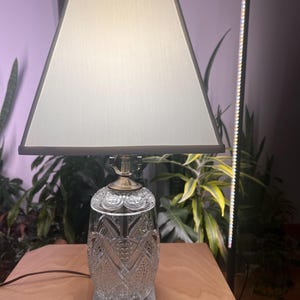 Puede incluir: Una lámpara de mesa de cristal transparente con un diseño tallado, una pantalla blanca y una base de mármol. La lámpara tiene un cuello color latón y un remate blanco. La lámpara está sobre una mesa de madera con plantas en el fondo.