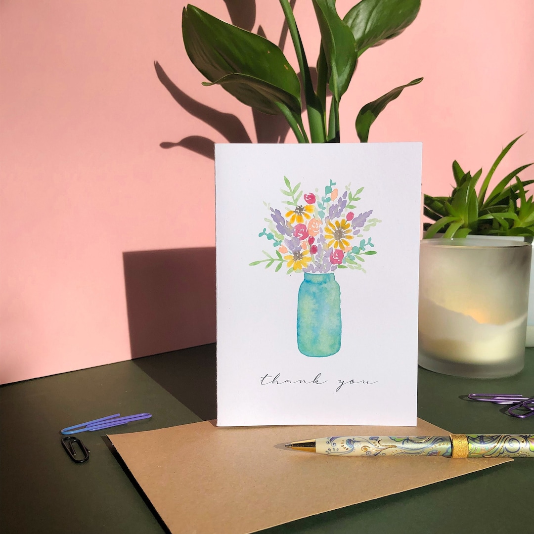 Thank You Card Flower Bouquet Botanical greetings card, watercolour ...