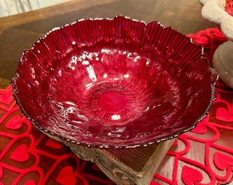 Ruby Red Free Form Glass Handkerchief Bowl - 10" vintage