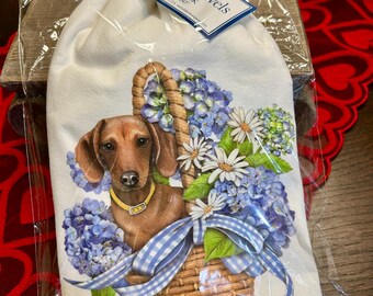 Dachshund in Flower Basket Kitchen towel - new