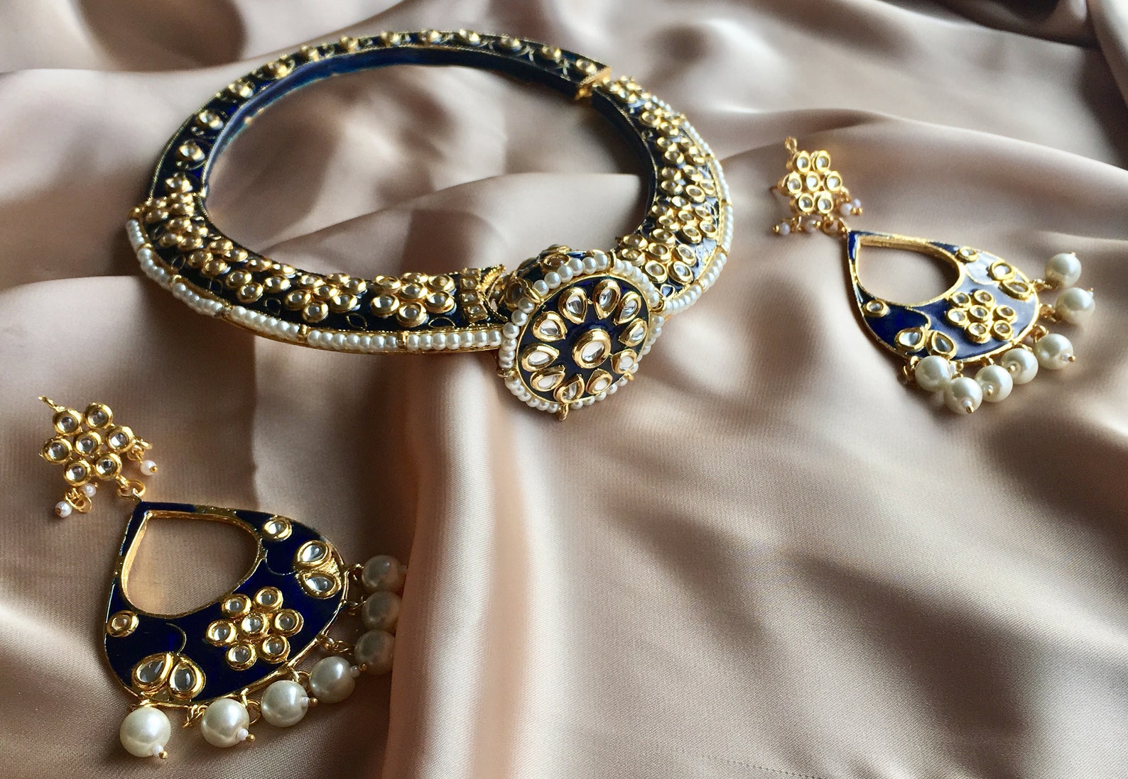 Indian Choker Necklace Set, Hasli, Rajasthani Jewelry, Hansli Necklace, Blue , Bollywood Jewelry