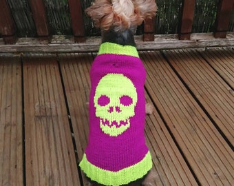 May include: A small dog wearing a vibrant, hand-knitted sweater. The sweater is primarily magenta with a large, neon green skull design on the back. The collar and hem are also neon green. The text "FRAGGLETHREADS" is visible at the bottom.