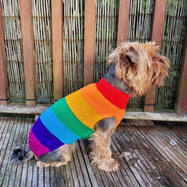 Rainbow Stripe Dog Jumper (with or without harness hole) Hand-knitted And Made To Measure