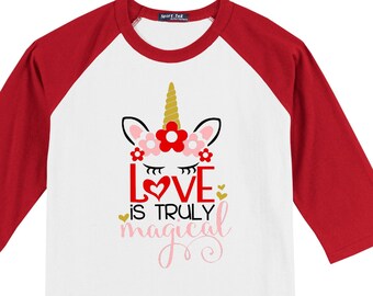 Love is Truly Magical unicorn hearts girls Youth Valentine's Valentines Day shirt red sleeve raglan valentine tshirt Valentine's Day t shirt