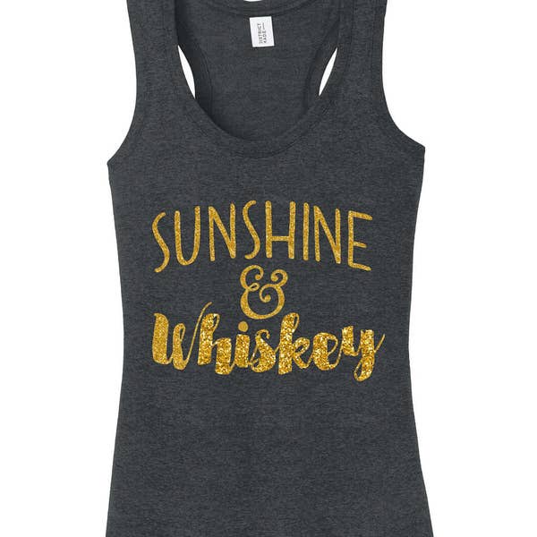 Sunshine and Whiskey summer sun southern glitter glittery workout plus misses tank top shirt Gift idea