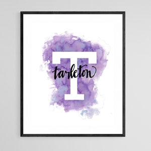 May include: A white letter T with the word "tarleton" written in black cursive script on a purple watercolor background.