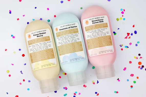 Emollient Lotion, Shea Butter, Sunflower Oil, Aloe, Fountain of Fairies, Lemon Bar, Strawberry Shortcake, Moisturizer, Hand and Body Cream