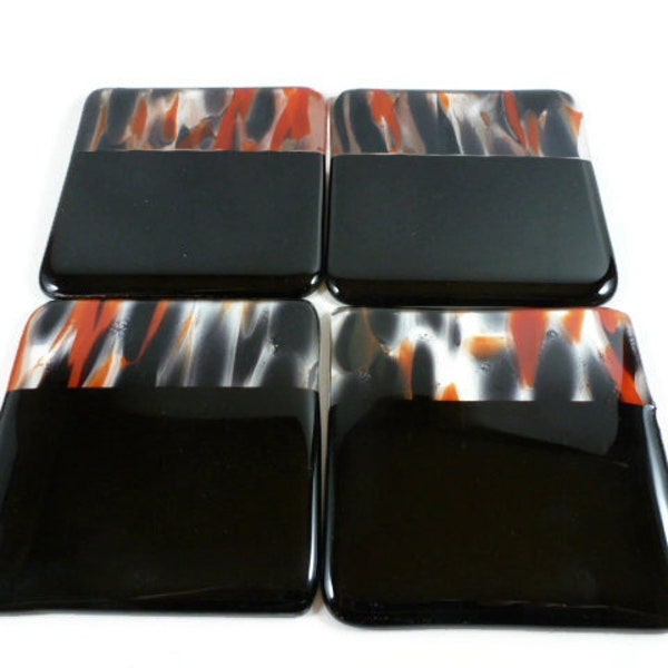 Set of 4 Fused Glass Coasters Black  Red  and clear, fusers reserve, glossy black   DRGS251