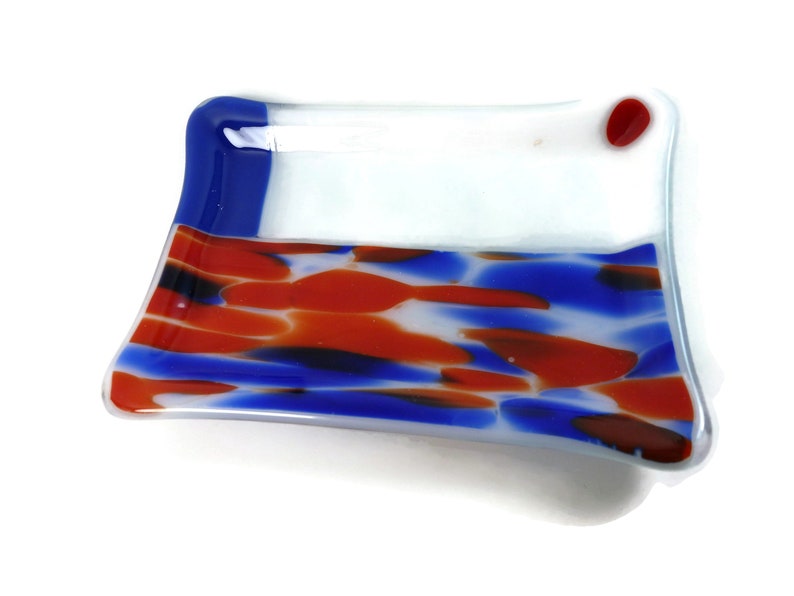 Unique Red white and blue handmade Fused Glass Soap dish sponge holder bathroom accessory DRGS366