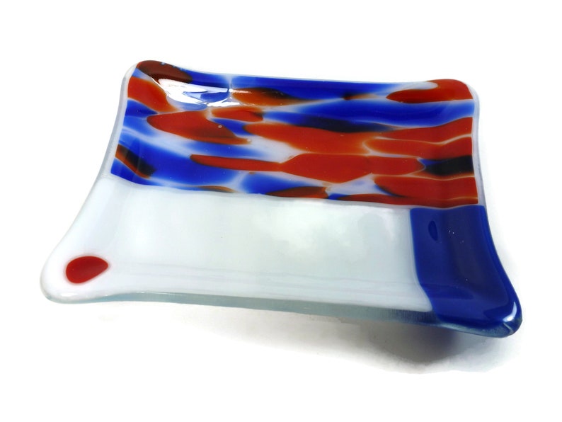 Unique Red white and blue handmade Fused Glass Soap dish sponge holder bathroom accessory DRGS366