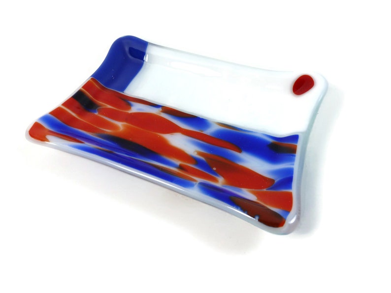 Unique Red white and blue handmade Fused Glass Soap dish sponge holder bathroom accessory DRGS366