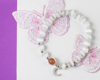 Pulsera de cuentas ojo de gato con luna creciente de plata de ley