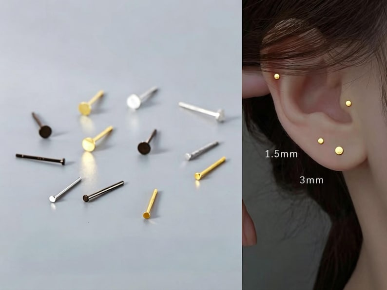 Piercing Label 925 Sterling Silver Tiny Dot Stud Earrings, 1.5mm 3mm Minimalist Flat ...