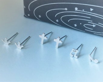 1 pair Mini Cross Crown Musical note Silver 999 Sterling Silver studs Very Tiny Earrings/Tiny Star studs Pure silver Simplist Earrings