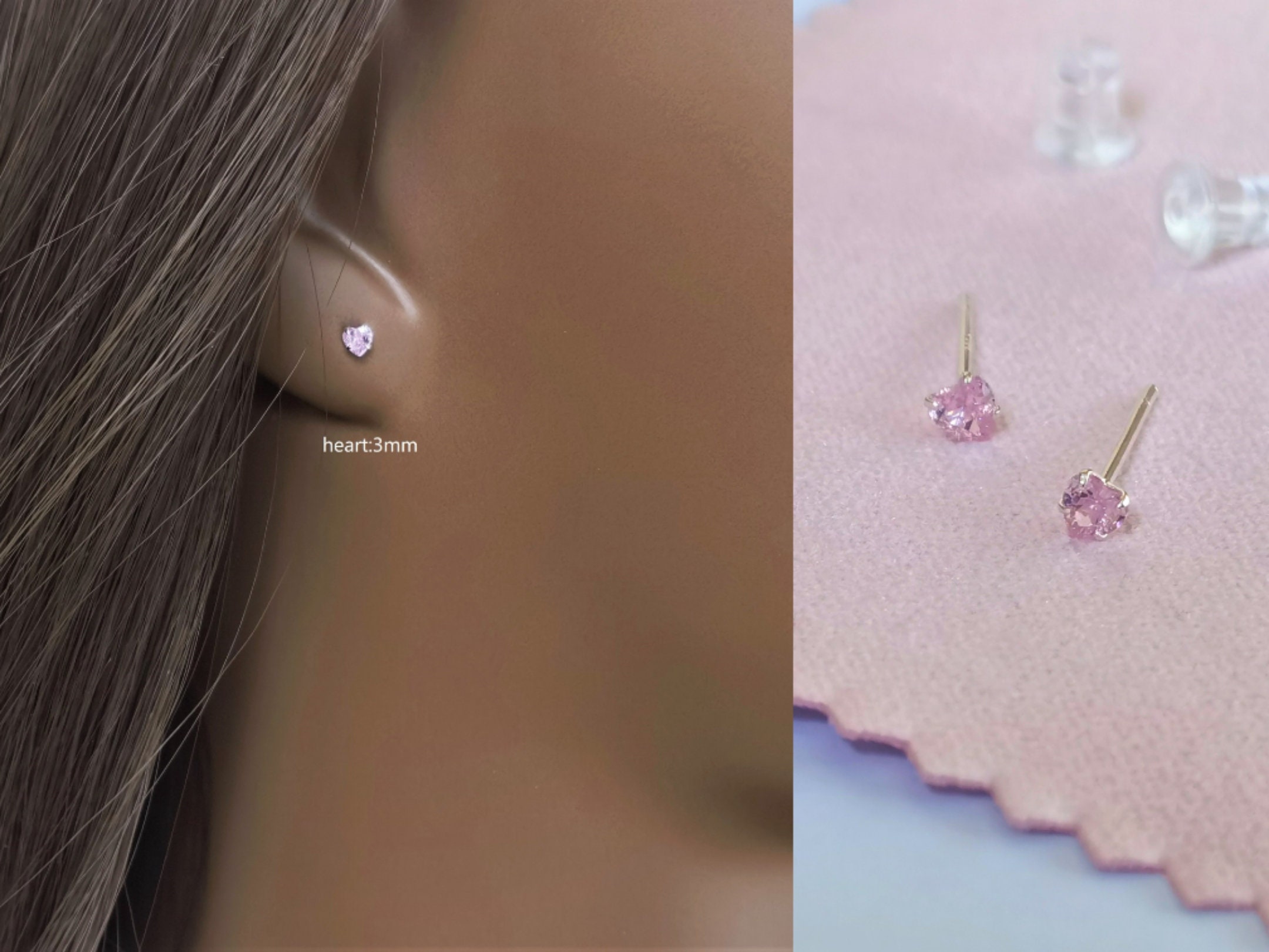 1 Pair 999 Sterling Silver Pink Zircon Heart Stud Earrings