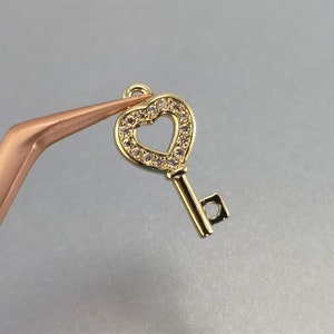 14k Gold Cute Heart Mini Pendant with Zircons/ CZ Pave Zircon Key Pendant, Tiny Heart Key Charm Key to my Heart Jewelry supply