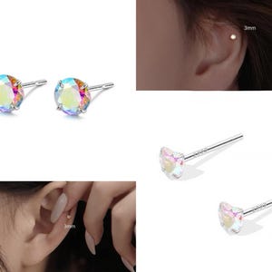 1 par de pendientes de circonita iridiscente en plata de ley 925 / Delicados pendientes minimalistas con piedras preciosas / Elegantes pendientes de plata S999 con cristales