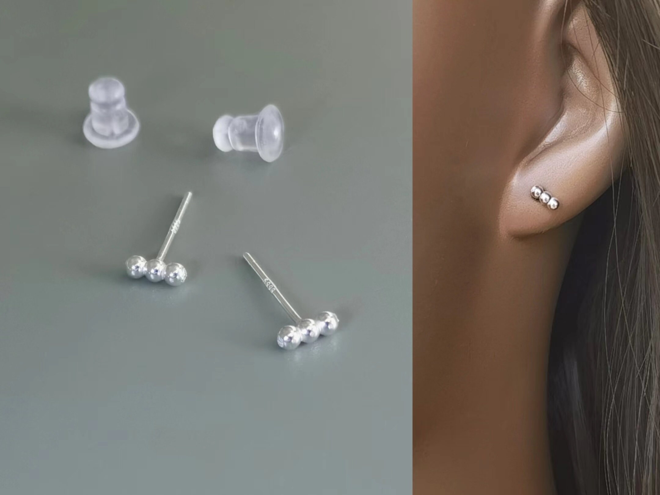 1 pair Triple Balls 999 Sterling Silver Studs Very Tiny Earrings/Tiny Ball Ear Studs/ Three small Beads Simplist Earrings