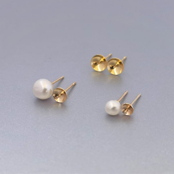 4pcs 14k Gold Earring Cup Post for Pearls/ Beads, Cup with Peg Ear Studs, Earrings for Half Drilled Pearl