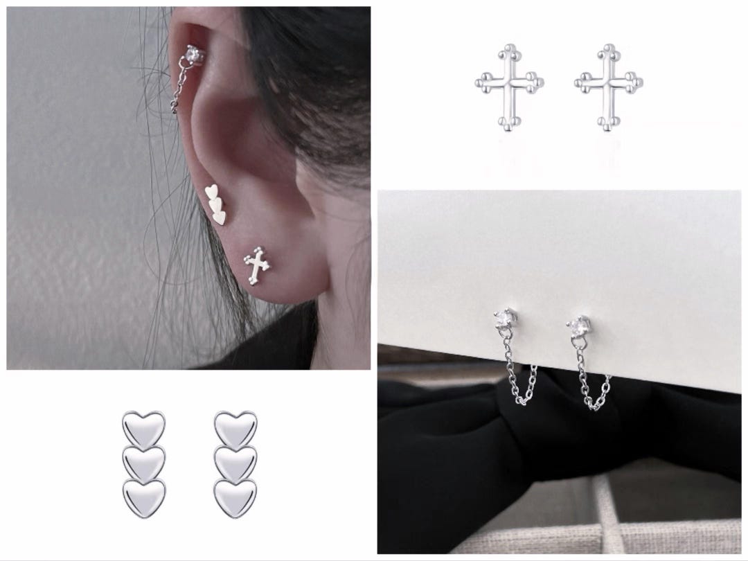 Cross Heart Zircon 925 Sterling Silver Studs, Tiny Earrings - Etsy