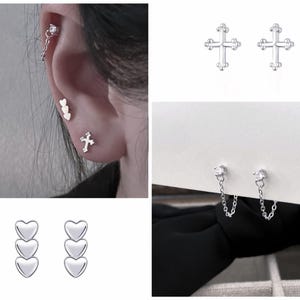 1 pair Mini Cross Heart Zircon 925 Sterling Silver studs Very Tiny Silver Earrings/Tiny Ear studs/ Super Tiny Earrings