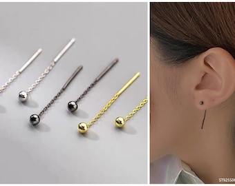 Sterling Silver Chain Drop Earrings - Gold Bead Dangle Studs