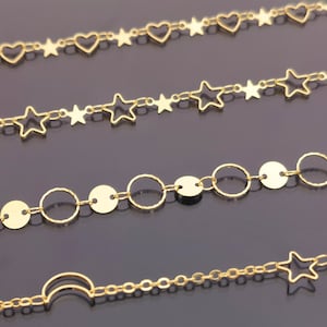 14K Gold Star and Crescent Moon Link Chain/ Golden Heart Stars Circle Bracelet Necklace Chains Jewelry Supply Accessories