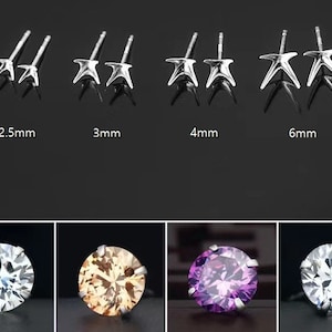 May include: Four pairs of silver star-shaped stud earrings in different sizes: 2.5 mm, 3 mm, 4 mm, and 6 mm. The earrings are displayed on a black background.