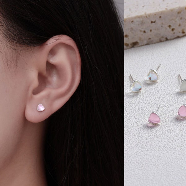 1 pair Moonstone Love Heart 999 Sterling Silver Stud Earrings/ Hearts Valentine's Day Cute Mini Heart Ear Studs