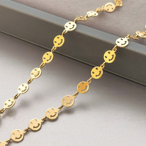 14K Gold Happy Face Emoji Chain/ 6mm Smile Face Golden Smiley Bracelet Necklace Chains Jewelry Supply Accessories