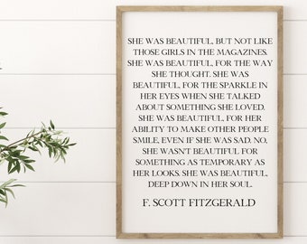 F Scott Fitzgerald Sign, She Was Beautiful Print, Great Gatsby Poster, Book Quote Art Print, F Scott Fitzgerald Printable Wall Art