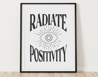 Radiate Positivity Poster, Inspirational Room Decor Aesthetic, Boho Eye Digital Download, Motivational Wall Decor, Positive Quote Print