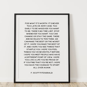 F Scott Fitzgerald Sign, For What It&#39;s Worth Print, Great Gatsby Poster, Book Quote Art Print, F Scott Fitzgerald Printable Wall Art