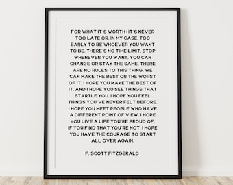 F Scott Fitzgerald Sign, For What It's Worth Print, Great Gatsby Poster, Book Quote Art Print, F Scott Fitzgerald Printable Wall Art