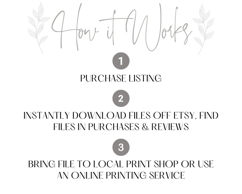 May include: How it Works: A three-step guide to purchasing and printing digital files. 1. Purchase Listing. 2. Instantly download files off Etsy, find files in Purchases & Reviews. 3. Bring file to local print shop or use an online printing service.