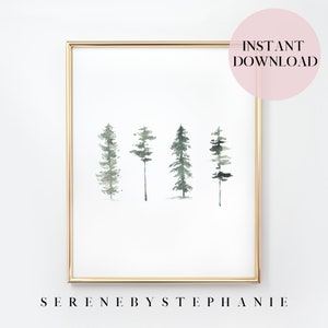 May include: A digital print of four watercolor trees in shades of green, framed in a gold frame. The print is titled "Serene by Stephanie".
