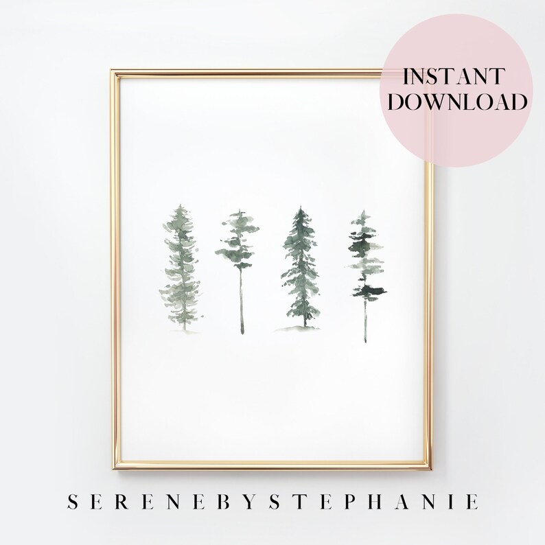 May include: A digital print of four watercolor trees in shades of green, framed in a gold frame. The print is titled "Serene by Stephanie".