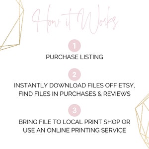 May include: A pink and gold graphic with the text "How it Works" and three numbered steps: 1. Purchase Listing, 2. Instantly Download Files Off Etsy, Find Files in Purchases & Reviews, 3. Bring File to Local Print Shop or Use an Online Printing Service.