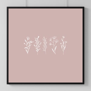 May include: A digital print of five white line drawings of different flowers on a blush pink background.