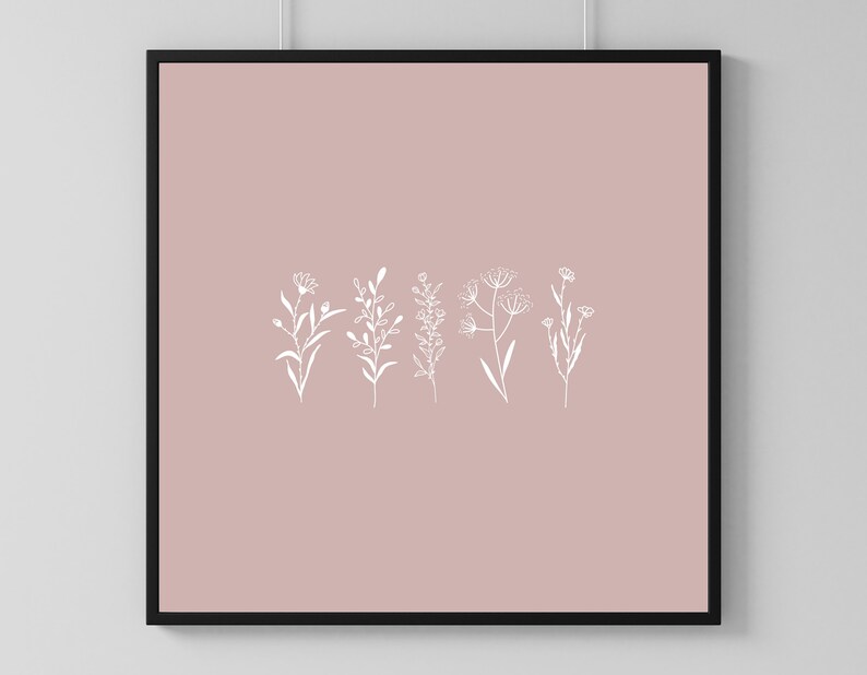 May include: A digital print of five white line drawings of different flowers on a blush pink background.