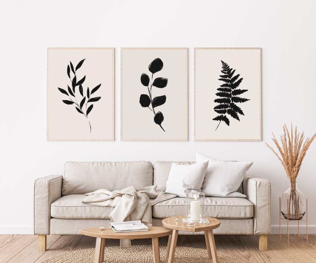 Set of 3 Beige Black Wall Art Minimalist Flower Prints Etsy
