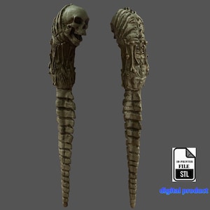 Puede incluir: Un modelo 3D imprimible de una criatura esquelética, ósea, verde y marrón, con una cabeza de cráneo. El modelo está diseñado para ser impreso en dos partes. El modelo es un producto digital y está disponible como archivo STL.